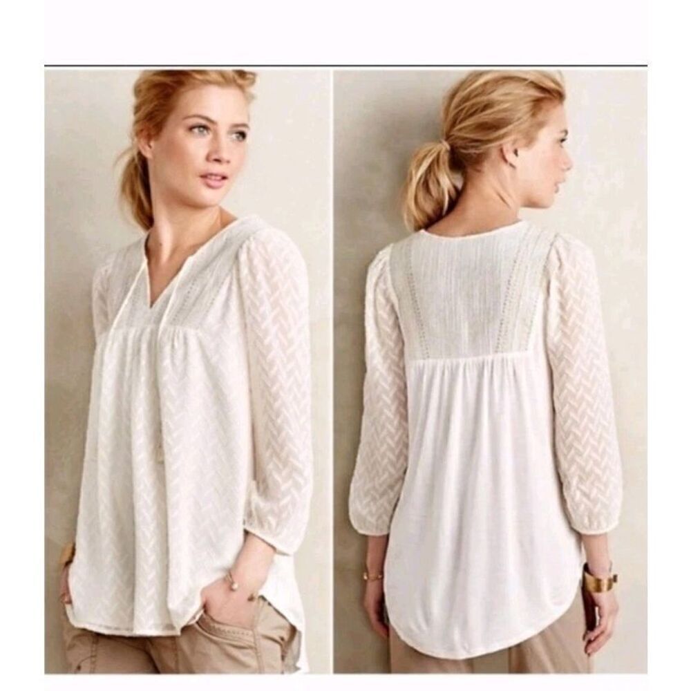 Anthropologie One September Attylie 3/4 Sleeve Peasant Blouse Embroidered Ivory